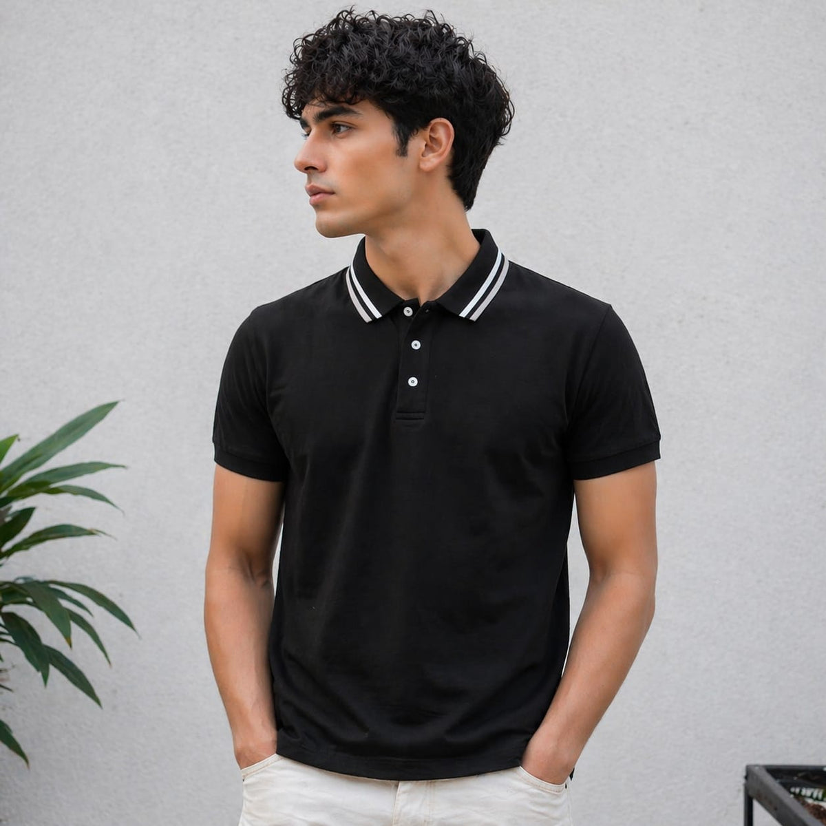 Men's Black Contrast Stripe Polo Shirt