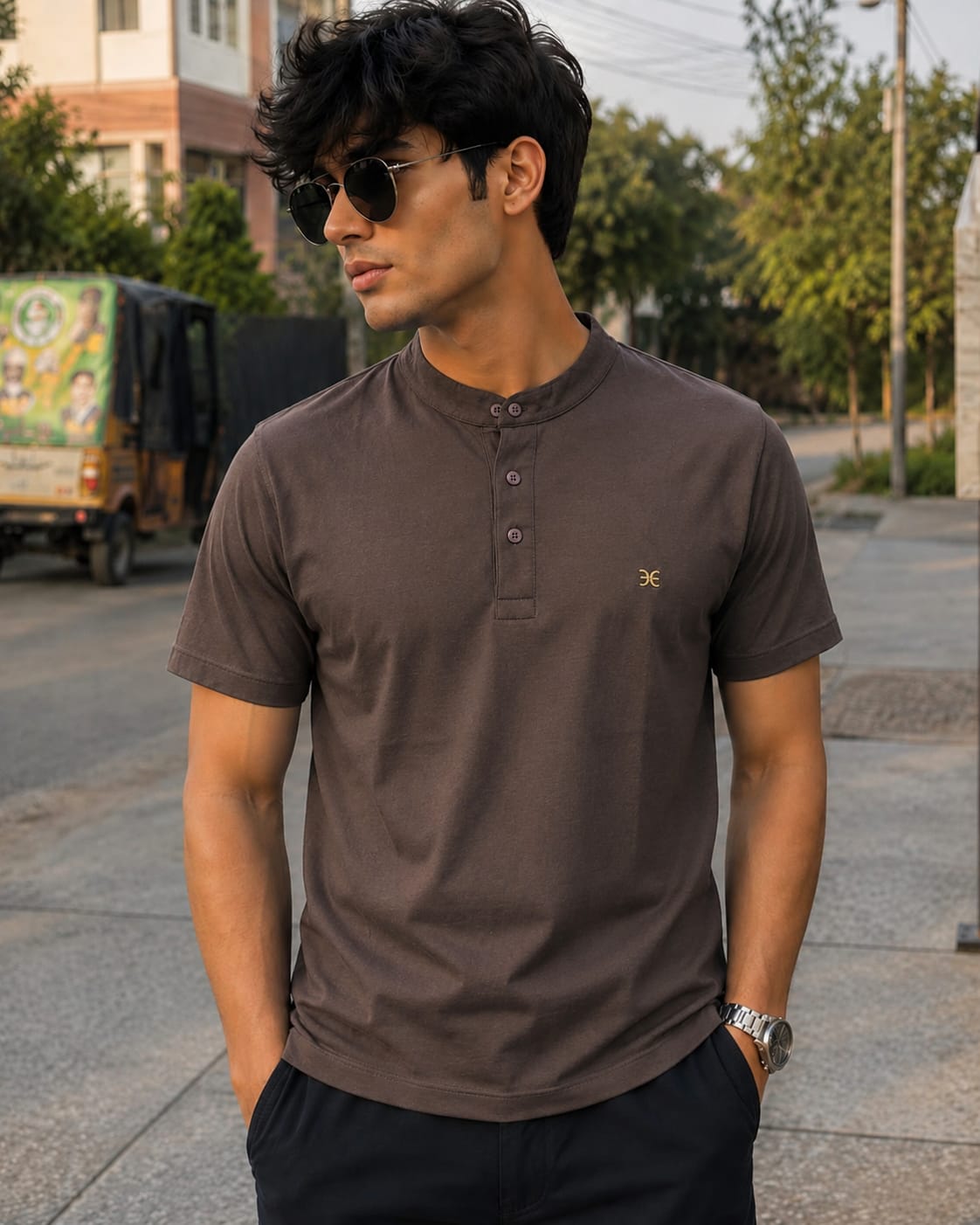 Men's Brown Mandarin Collar Polo Shirt