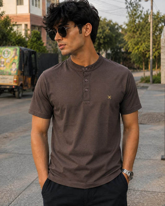 Men's Brown Mandarin Collar Polo Shirt