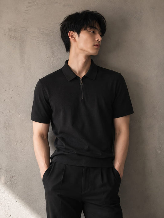 Men's Black Half-Zip Polo Shirt