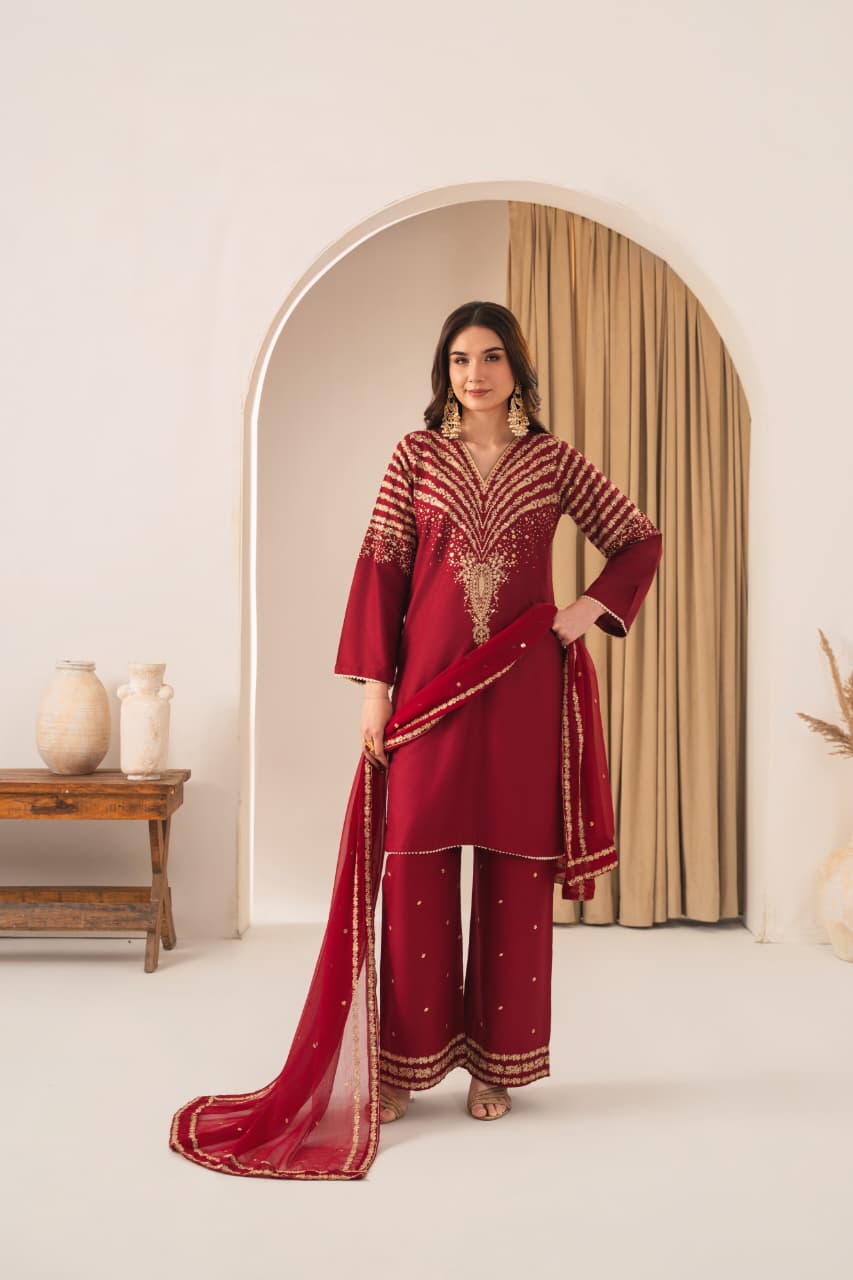 MAROON PEACOCK EMBROIDERED 3PC